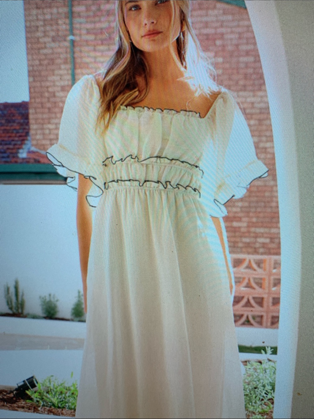 Women’s Cream Ruffle Maxi Dress long Flowy Crinkled Fairy-tale Maxi Dress - Picture 2 of 5